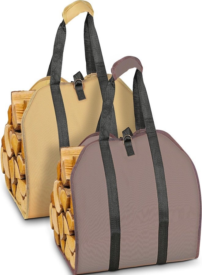 LBTING Firewood Log Carrier, 2 Pack Heavy Duty 900D Oxford Log Tote Wood Carrying Bag with Handle Security Strap, Suitable for Indoor Fireplace and Outdoor Camping - Brown & Khaki - Image 1